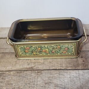 PYREX Brown Glass Bread Loaf Pan w/ Tin Carrier Vintage